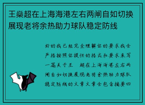 王燊超在上海海港左右两闸自如切换展现老将余热助力球队稳定防线